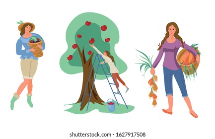 Set of farmer women collecting natural eco food from the garden. Vector illustration in flat cartoon style.