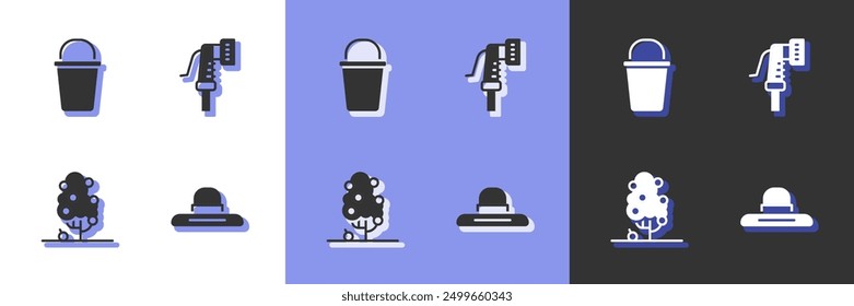 Set Farmer worker hat, Bucket, Fruit tree and Garden hose icon. Vector