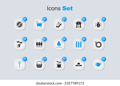 Set Farmer worker hat, Fruit trees, Wheelbarrow, Garden pitchfork, Watering can, hose, Stop colorado beetle and  icon. Vector