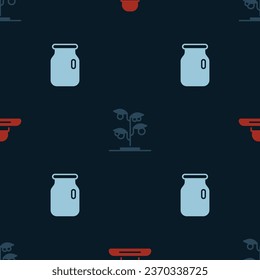Set Farmer worker hat, Sprout and Glass jar with screw-cap on seamless pattern. Vector
