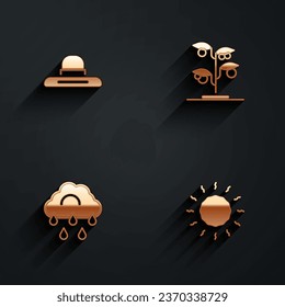 Set Farmer worker hat, Sprout, Cloud with rain and Sun icon with long shadow. Vector