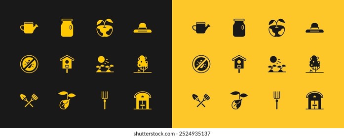 Set Farmer worker hat, Sprout, Plant sprouts grow in the sun, Garden pitchfork, Bird house, Apple, Watering can and Glass jar with screw-cap icon. Vector
