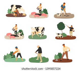 Set of farmers and agricultural workers Flat cartoon vector illustration. - Vector