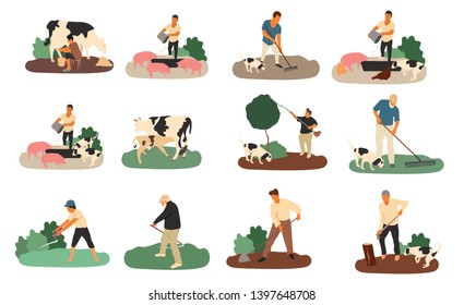 Set of farmers and agricultural workers Flat cartoon vector illustration. - Vector