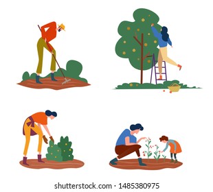 Set of farmers or agricultural workers on the farm. People are working on the garden collecting apples and growing vegetables, planting, carrying and growing vegetables. Vector illustration.