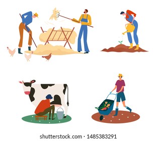 Set of farmers or agricultural workers on the farm with domestic animals. The milkmaid is milking the cow and men carrying and growing vegetables, gathering hay. Vector illustration.