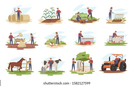 Set Of Farmers Or Agricultural Workers Planting Crops, Gathering Harvest, Collecting Apples, Feeding Farm Animals, Carrying Fruits, Working On Tractor. Vector Illustration In A Flat Style