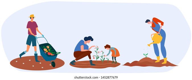 Set Of Farmers Or Agricultural Workers Are Working On The Farm. Process Of Planting, Carrying And Growing Vegetables By Different People. Work In The Garden. Vector Illustration.