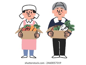 Set of farmers with cardboard boxes of vegetables