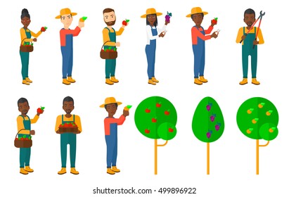 Set of farmers collecting harvest. Farmers using agricultural tools. Farmer with pruner, watering can. Garden trees. Beekeeper working at apiary. Vector illustration isolated on white background.
