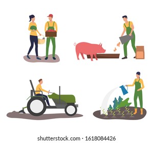 Set of farmers cultivating and harvesting fruits. Flat vector illustrations of people working with cattle and crops. Farming, agriculture concept for banner, website design or landing web page