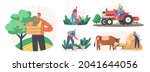 Set Farmers Doing Farming Job Feed Cow and Fowl, Care of Domestic Animals at Livestock. Characters Working with Cattle on Farm, Harvesting, Plow Land on Tractor. Cartoon People Vector Illustration