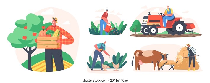 Set Farmers Doing Farming Job Feed Cow And Fowl, Care Of Domestic Animals At Livestock. Characters Working With Cattle On Farm, Harvesting, Plow Land On Tractor. Cartoon People Vector Illustration