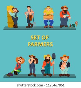 Set of farmers. Farmer with shovel, rake in wheat field working. Harvesting crop. Village theme. Flat style vector illustration