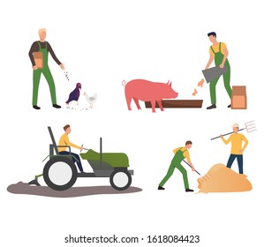 Set of farmers feeding animals and working in field. Flat vector illustrations of people working with cattle and crops. Farming, agriculture concept for banner, website design or landing web page