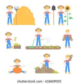 Set of farmers and gardeners in hat use different agricultural tools and different poses