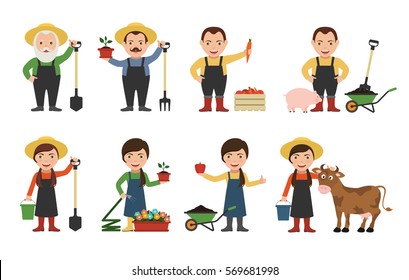 Set of farmers and gardeners with shovel, rake, hose, cow and pig. Gardener watering flowers. Farmer with harvest