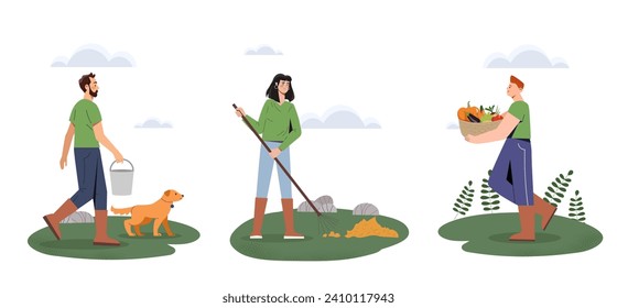 Set of farmers. Man with bucket, woman with rakes and young guy with basket of harvest. Agriculture and farming, rural scene. Cartoon flat vector collection isolated on white background