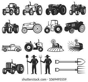 Set of farmers market design elements. Tractor icons. Design elements for logo, label, emblem, sign, badge. Vector illustration