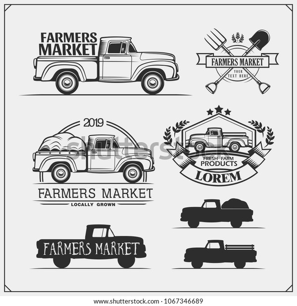 Set of farmers market emblems, logos and\
labels with pickup. Vector\
illustration.