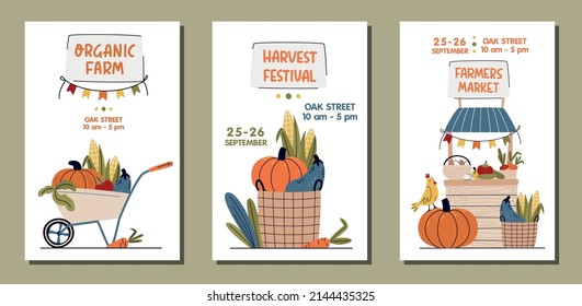 Set of Farmers Market, Organic Farm, Harvest Festival banner or poster. Wheelbarrow, stall and basket with seasonal vegetables. Buy fresh organic products from the local farmers market. Eat Local