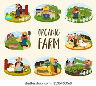 Set of Farmers on the background of his farm with cow, sheep and cock. Village theme. Organic Farm. Flat style vector illustration