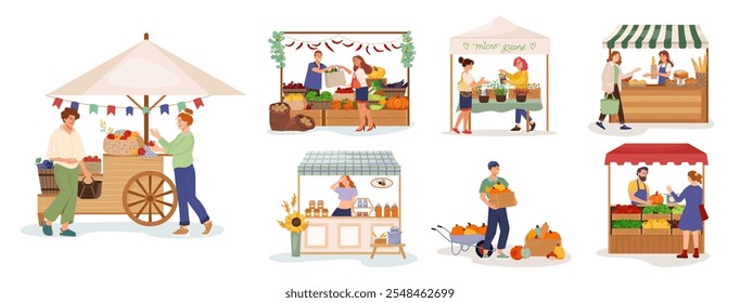 Conjunto de barracas de agricultores com produção agrícola natural Coleção barracas de mercado local e pessoas Personagens amigáveis do fornecedor oferecendo legumes, pão, frutas e mel Ilustração do vetor plano isolada