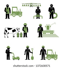 Set of farmers using agricultural tools. Farmer with shovel, rake. Farmer in wheat field working on tablet. Farmer harvesting crop. Vector illustration isolated on white background