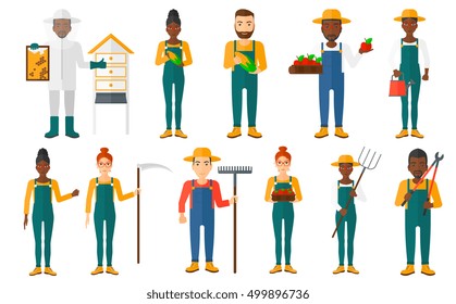 Set of farmers using agricultural tools. Farmer with rake, pitchfork, pruner, scythe. Beekeeper working at apiary. Farmer harvesting fruit, vegetable. Vector illustration isolated on white background.