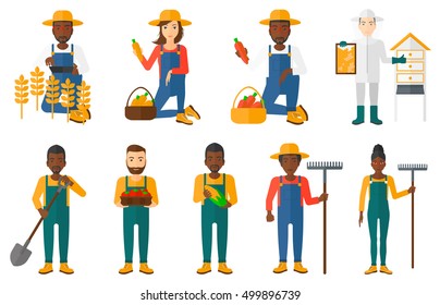 Set of farmers using agricultural tools. Farmer with shovel, rake. Farmer in wheat field working on tablet. Farmer harvesting crop. Beekeeper at apiary.Vector illustration isolated on white background