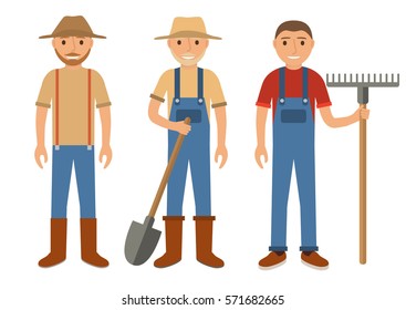 Set of farmers using agricultural tools.Set men Cartoon character the flat style.Farmer with shovel, rake, straw hat.Vector illustration isolated on white background.