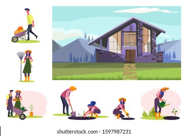 Set of farmers working at orchard. Flat vector illustrations of young people planting, watering plants, gathering harvest. Own farm concept for banner, website design or landing web page