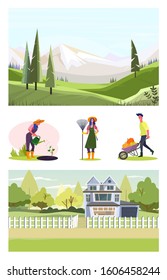 Set of farmers working at orchard. Flat vector illustrations of young people watering plants, gathering harvest. Own farm concept for banner, website design or landing web page