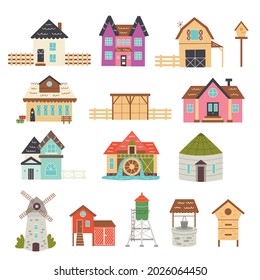 Set of farmhouse buildings. Cottages, railway station, barn, mill, elevator, chicken coop, water tower, well, apiary. Vector hand draw clipart 