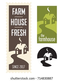 Set of Farmhouse Vector Logos
Set of three farmhouse logos or badges with winding road leading to house.