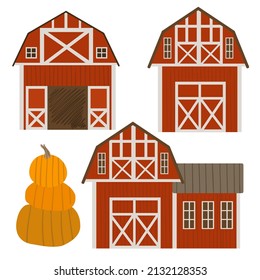 Set with farmhouses and pumpkins. Autumn vector illustration isolated on white background.