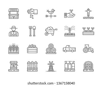 Set of Farming and Agriculture Line Icons. Farmer, Weathercock, Gardening Tools, Wheelbarrow, Garden Harvest, Water Well, Millwheel, Pickup Truck, Tractor and more. Pack of 48x48 Pixel Icons