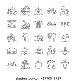 Set of farming and agriculture line icons. Contains Harvester trucks, tractors, farmers, village, farm buildings, shovel, wheelbarrow, crop, sprout, hay, mill and others Outline vector illustrations