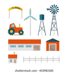 Set of farming buildings, technical structures and machines in flat design. Vector of tractor, house, garage, barn, wind pump, wind turbine, water tower.  Elements for traditional farm illustrating. 