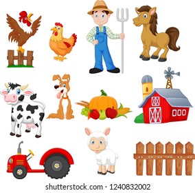 Conjunto de dibujos animados agrícolas con agricultores, tractores, graneros, animales, frutas y verduras