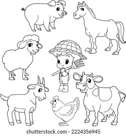 Set of farming Cute farmer and animal farm,pig,horse,sheep,goat,cow,chicken,vector illustration ,coloring page 