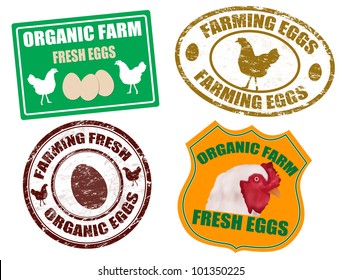 Set of farming eggs labels and grunge rubber stamps, vector illustration