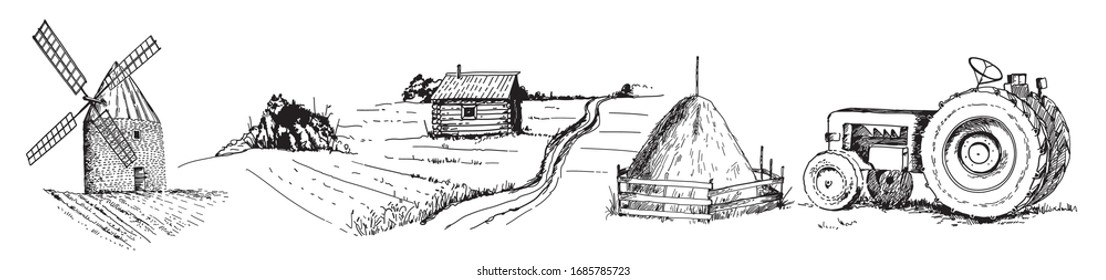 Set of farming elemets, old wind mill, village house, stack of hay, agricultural tractor. Vintage illustration with hand drawn sketch. Line art style.