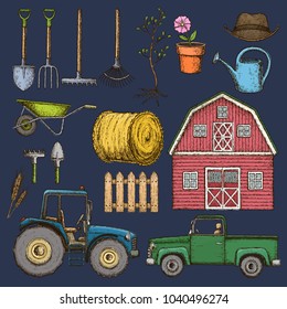 Set of farming equipment icons. Farming tools and agricultural machines decoration, sketch illustration. Vector