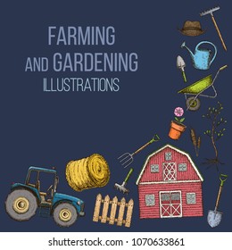 Set of farming equipment icons. Farming tools and agricultural machines decoration, sketch illustration. Vector