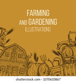 Set of farming equipment icons. Farming tools and agricultural machines decoration, sketch illustration. Vector