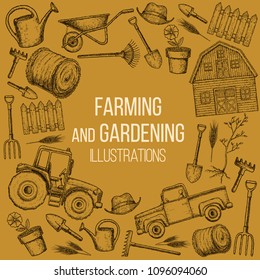 Set of farming equipment icons. Farming tools and agricultural machines decoration, sketch illustration. Vector