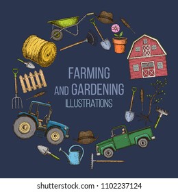 Set of farming equipment icons. Farming tools and agricultural machines decoration, sketch illustration. Vector