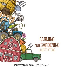 Set of farming equipment icons. Farming tools and agricultural machines decoration, sketch illustration. Vector