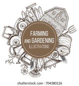 Set of farming equipment icons. Farming tools and agricultural machines decoration, sketch illustration. Vector